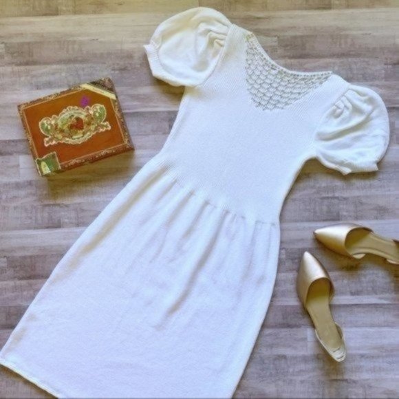 Vintage Dresses & Skirts - Vintage 80s Lillie Rubin White Rhinestone Cage Detail Knit Puff Sleeve Dress